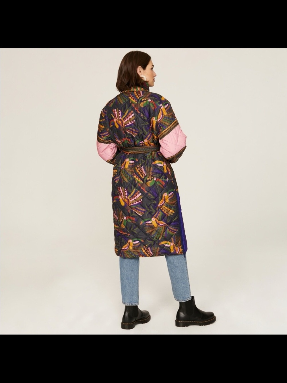 Farm Rio Puffer Multicolor Quilted Long Puffer Coat with Belt - Picture 4 of 15